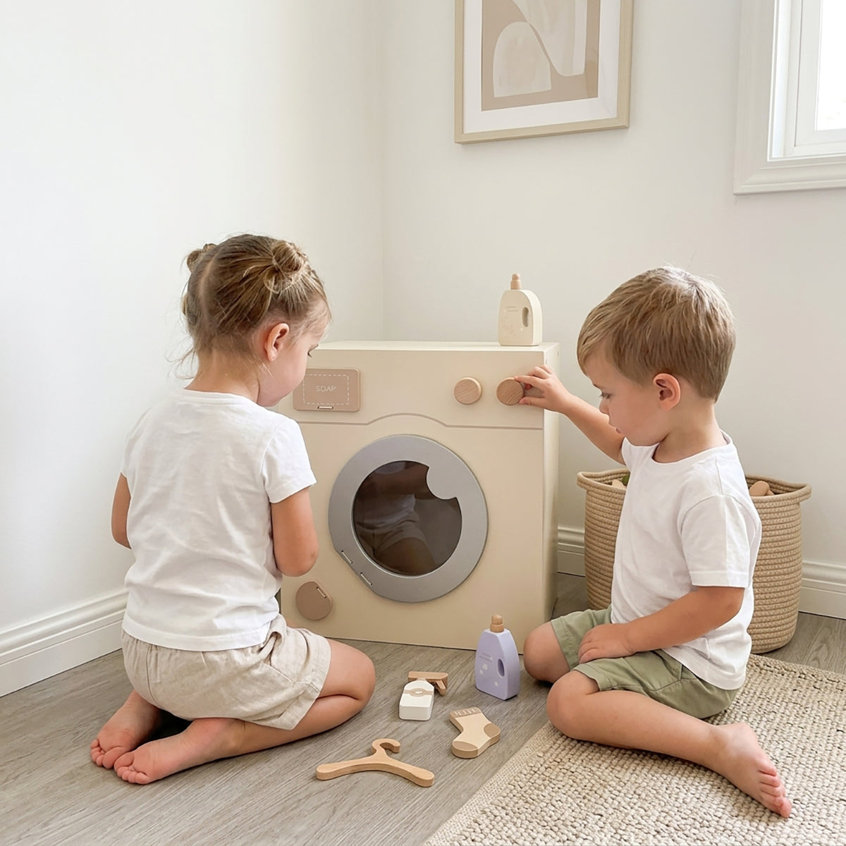 Wooden Pretend Laundry Play Set with Clothes & Hangers