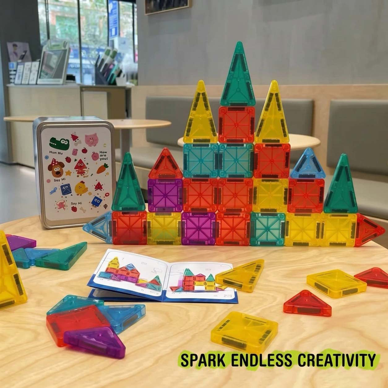56-Piece Mini Magnetic Building Tiles Travel Set with Tin Box