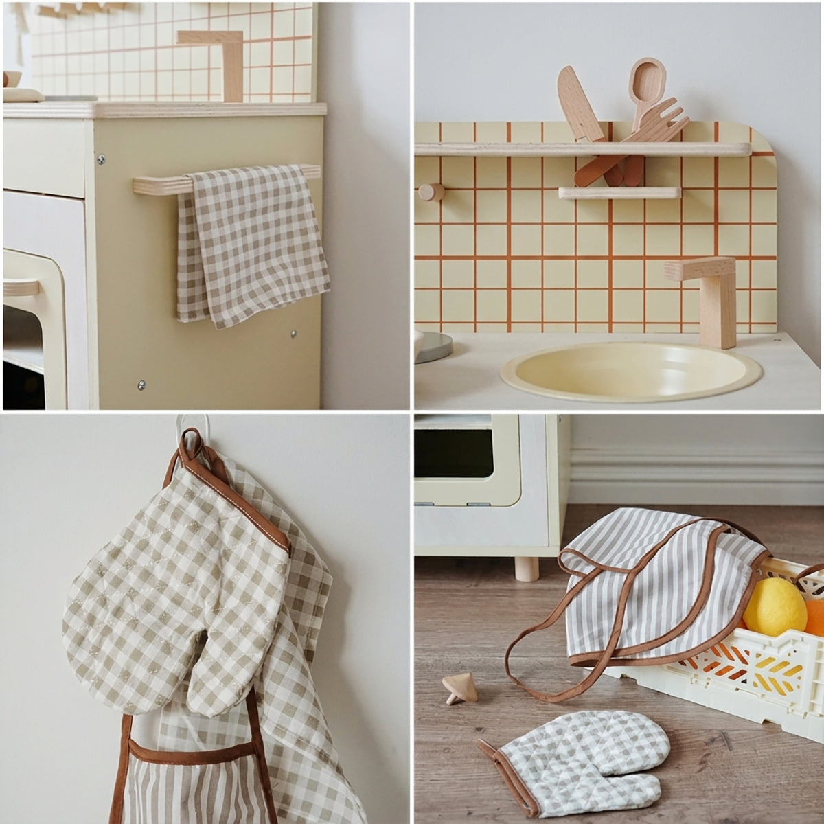 Beige Rustic Wooden Kids Kitchen Playset with Oven & Sink