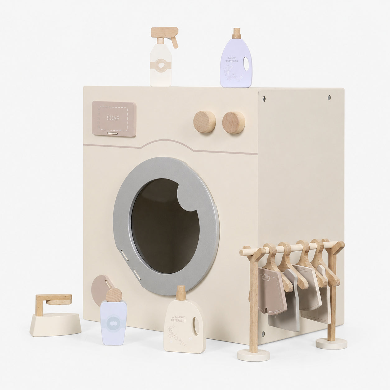 Wooden Pretend Laundry Play Set with Clothes & Hangers