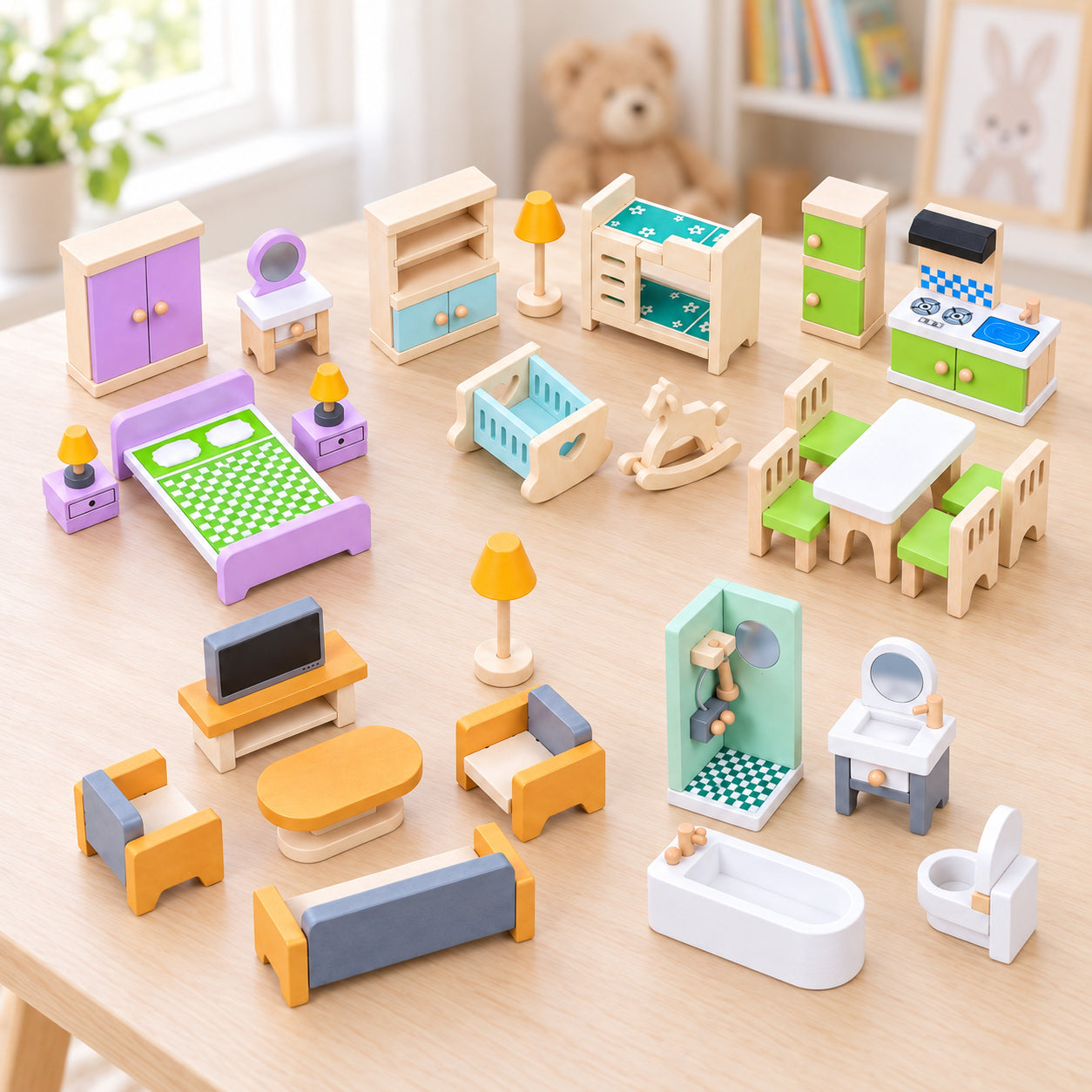 Wooden Dollhouse Furniture Set