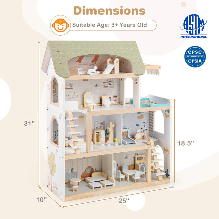 Large Wooden Dollhouse with 33-Piece Furniture Set