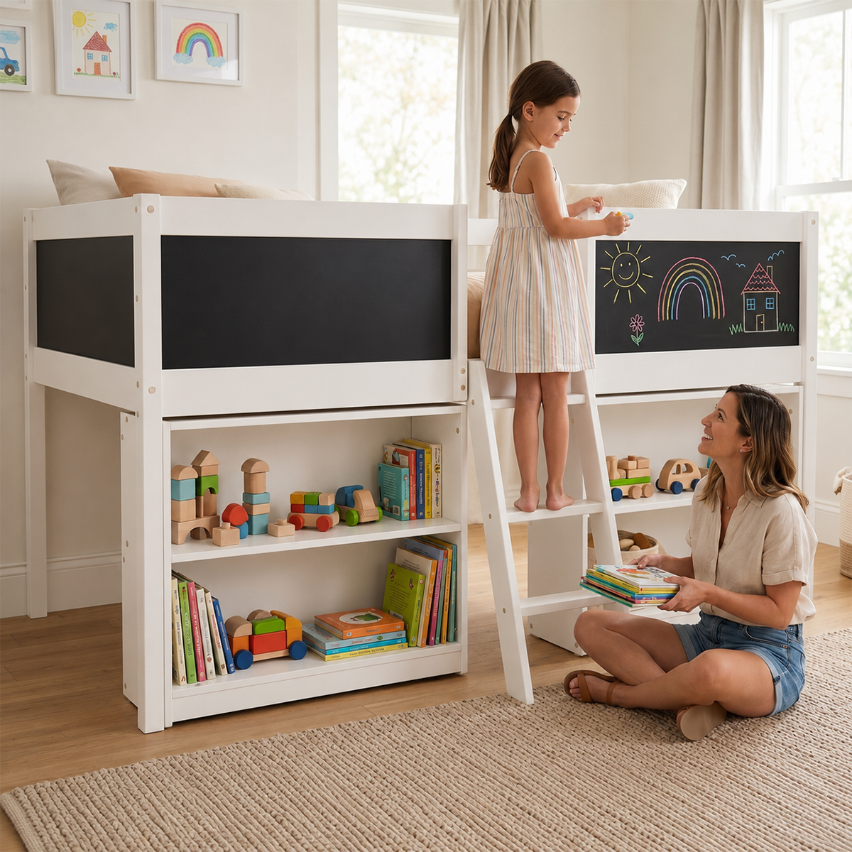 Twin Low Loft Bed with Chalkboards & Bookcases