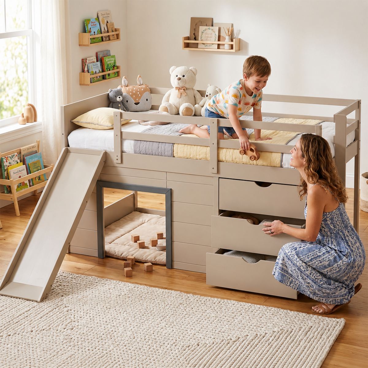 Twin Loft Bed with Slide & Storage Drawers
