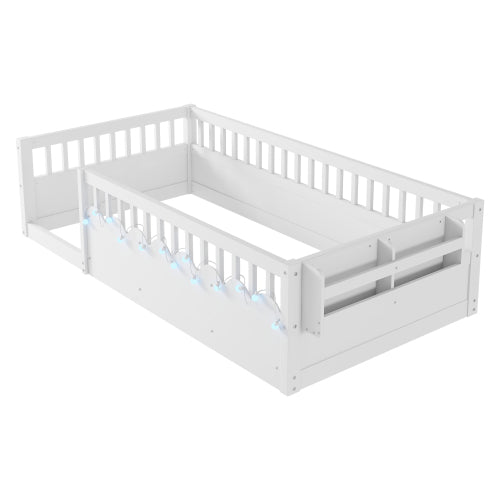 Montessori Floor Bed with Rails, LED Light & Storage Shelf