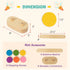An infographic detailing the dimensions and accessories of an 18-piece kids wooden balance beam set on a light beige background. The top "DIMENSION" section specifies the measurements: the oval wooden connector with pegs is 8 inches long, 2 inches wide, and 3 inches high; the circular stepping stone is 7.5 inches in diameter; and the long wooden balance beam plank is 27.5 inches long by 4 inches wide.
