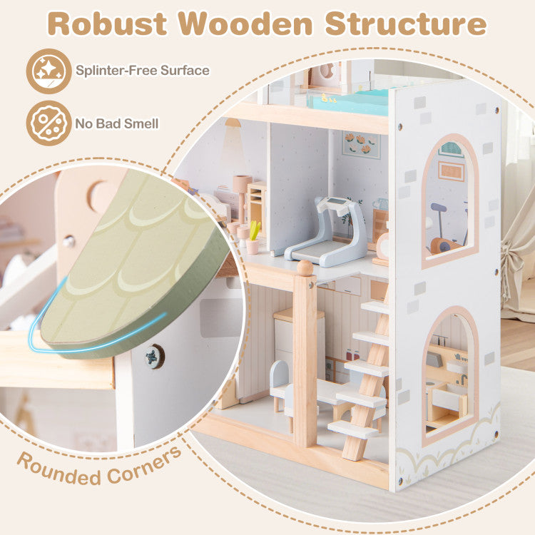 Large Wooden Dollhouse with 33-Piece Furniture Set