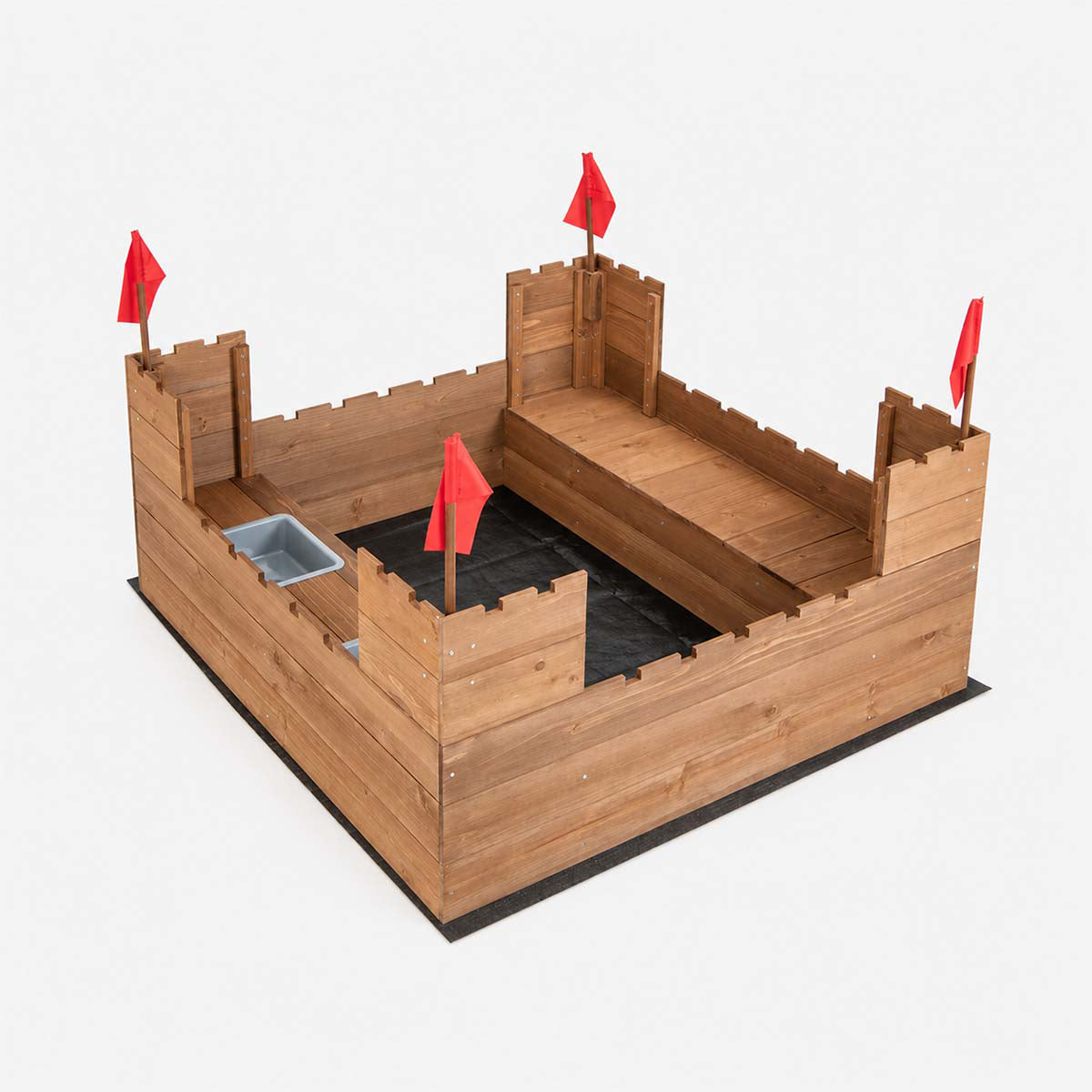 Wooden Castle Theme Sandbox with Red Flags, Built-In Bench & Storage Boxes