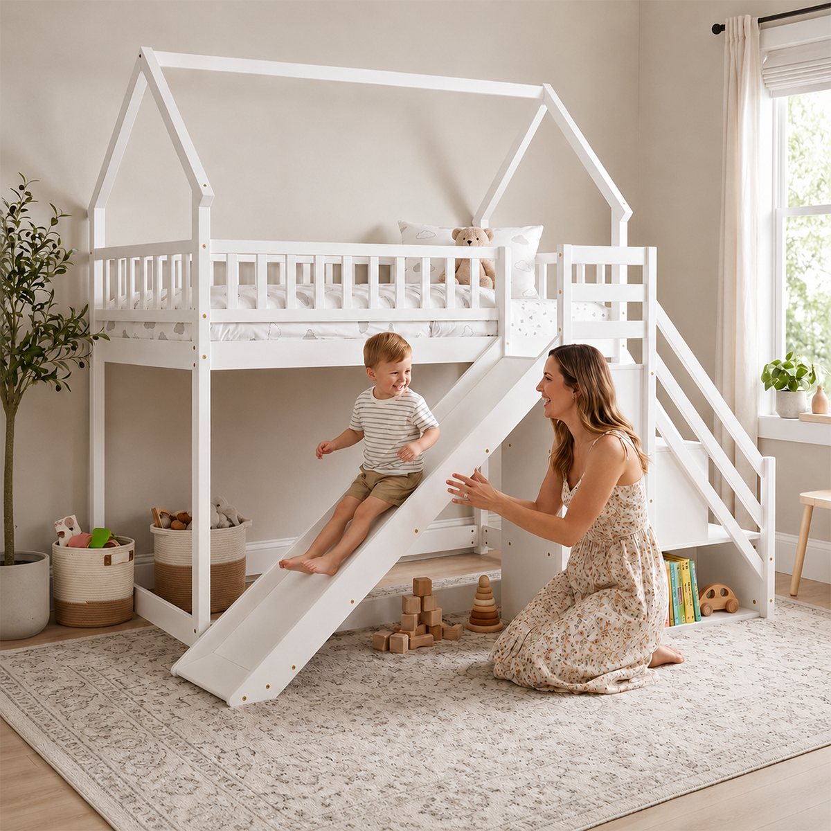 Twin Over Twin Bunk Bed with Slide & Staircase
