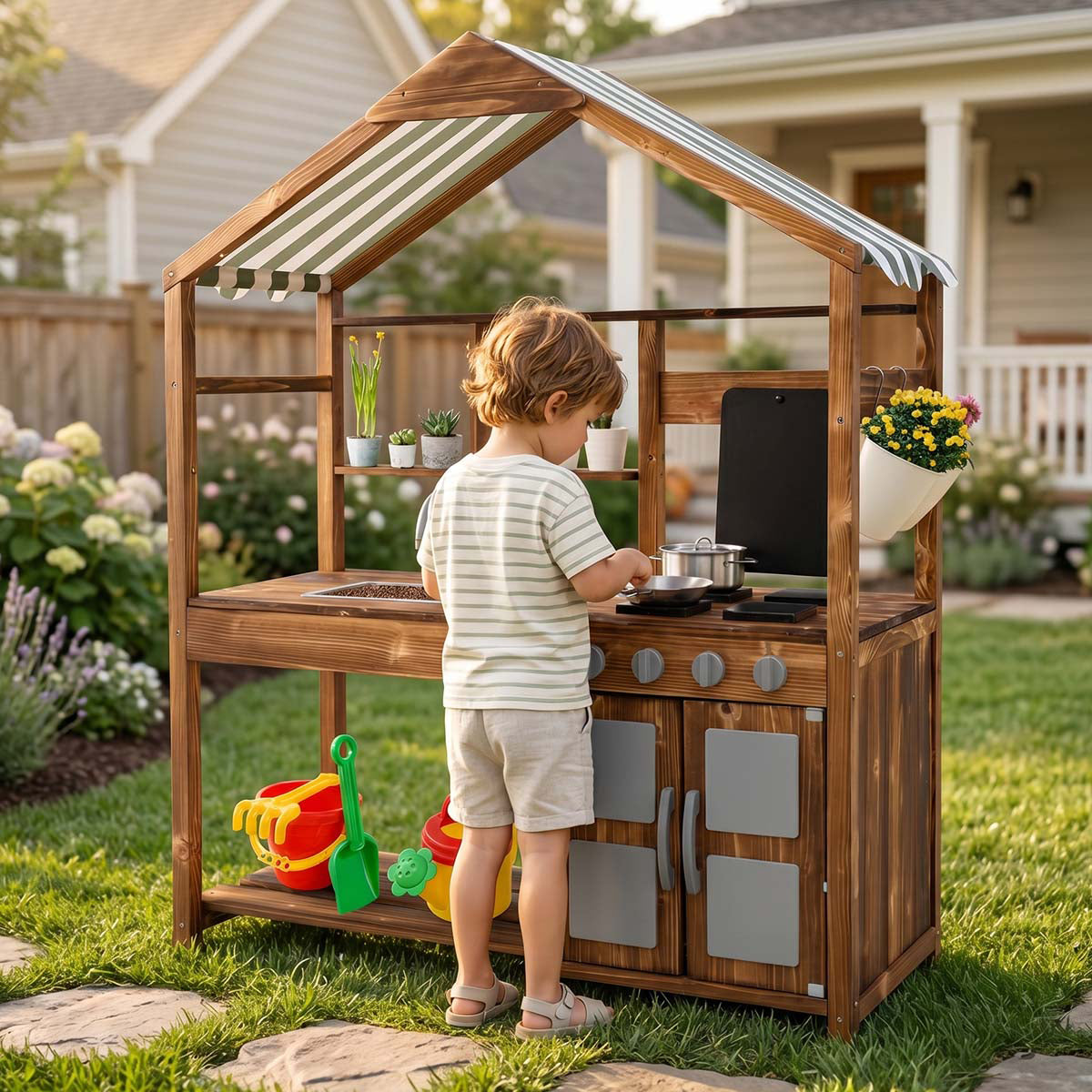 Outdoor Solid Wood Mud Kitchen with Canopy