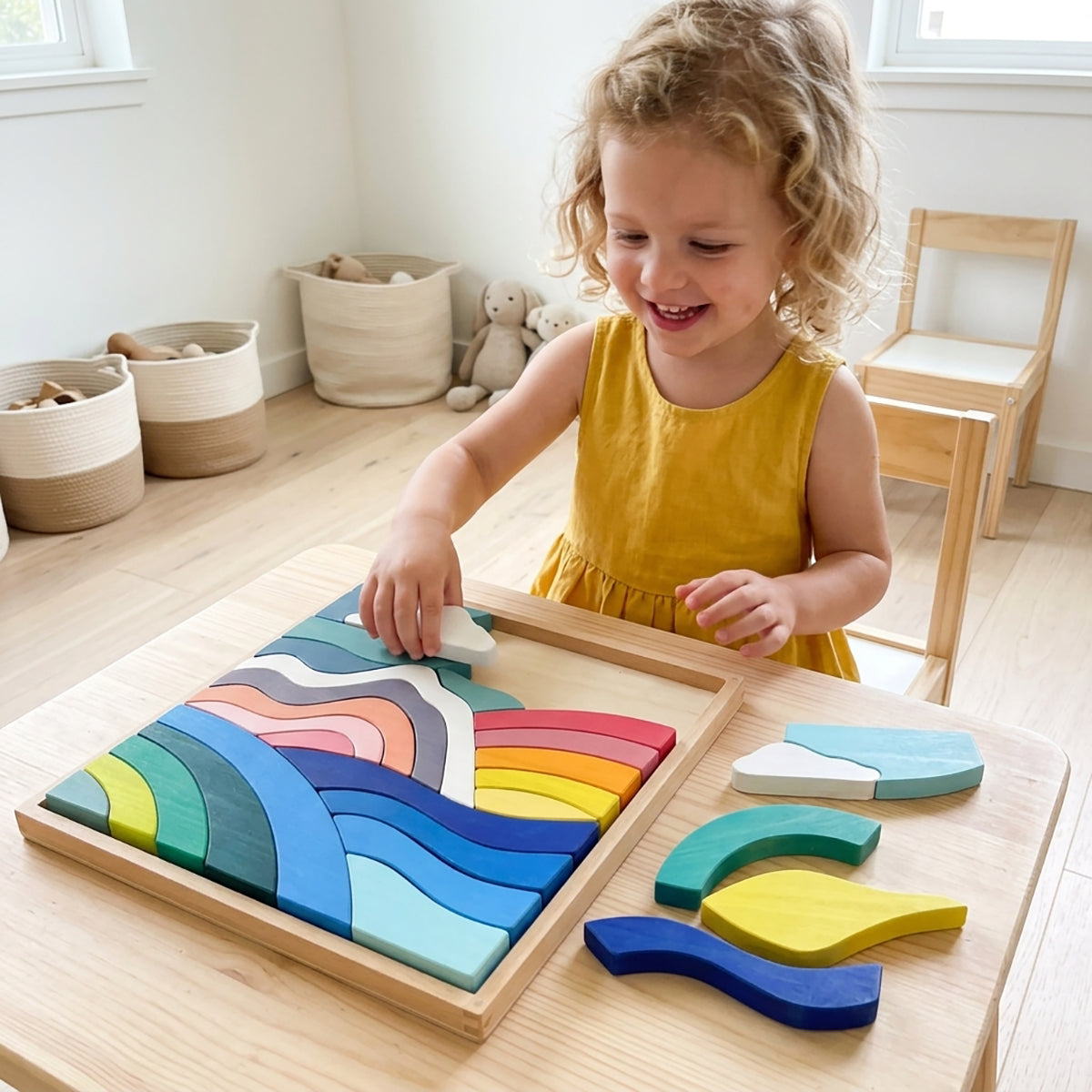 Wooden Rainbow Cloud Landscape Puzzle Board