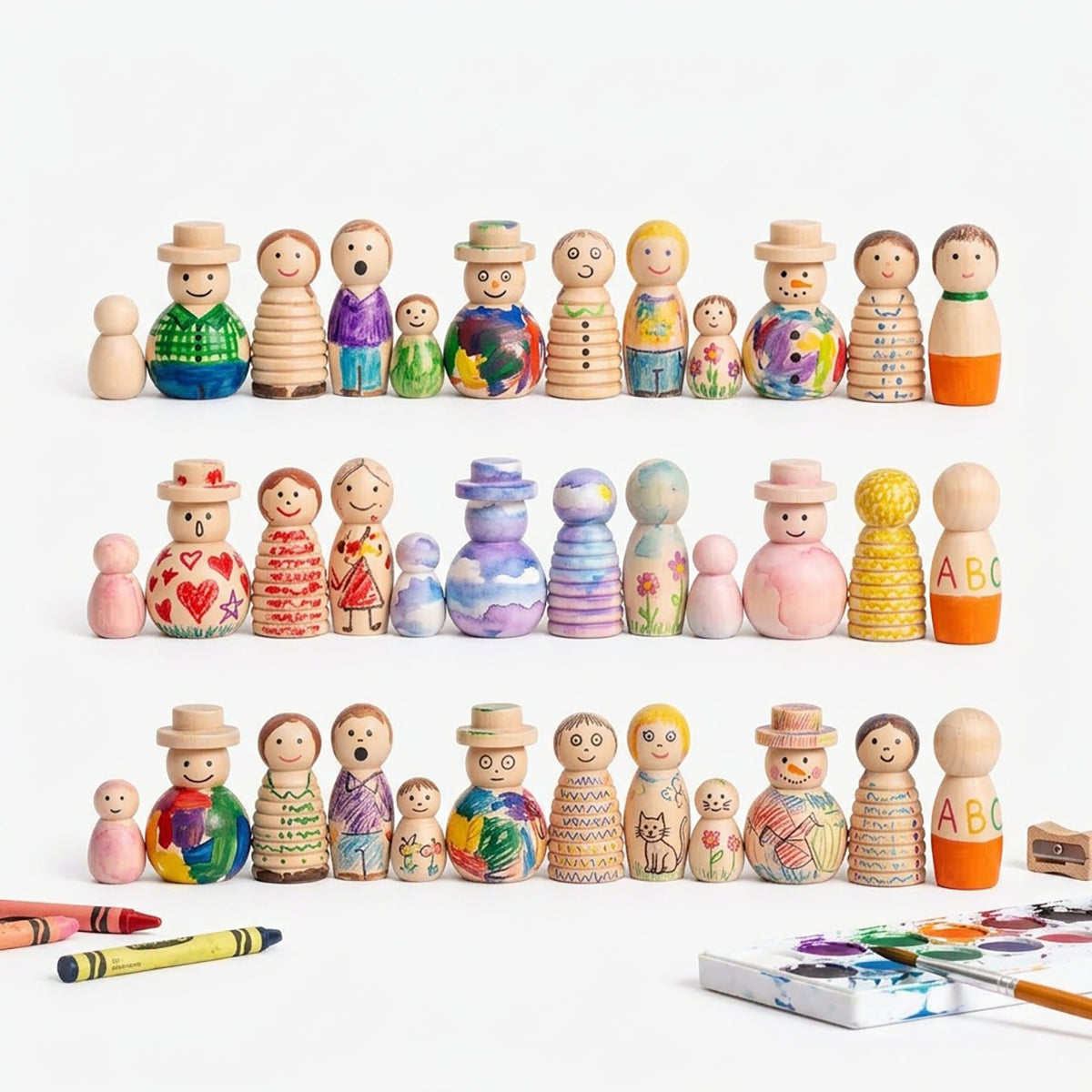 Diverse Wooden Peg Dolls Set