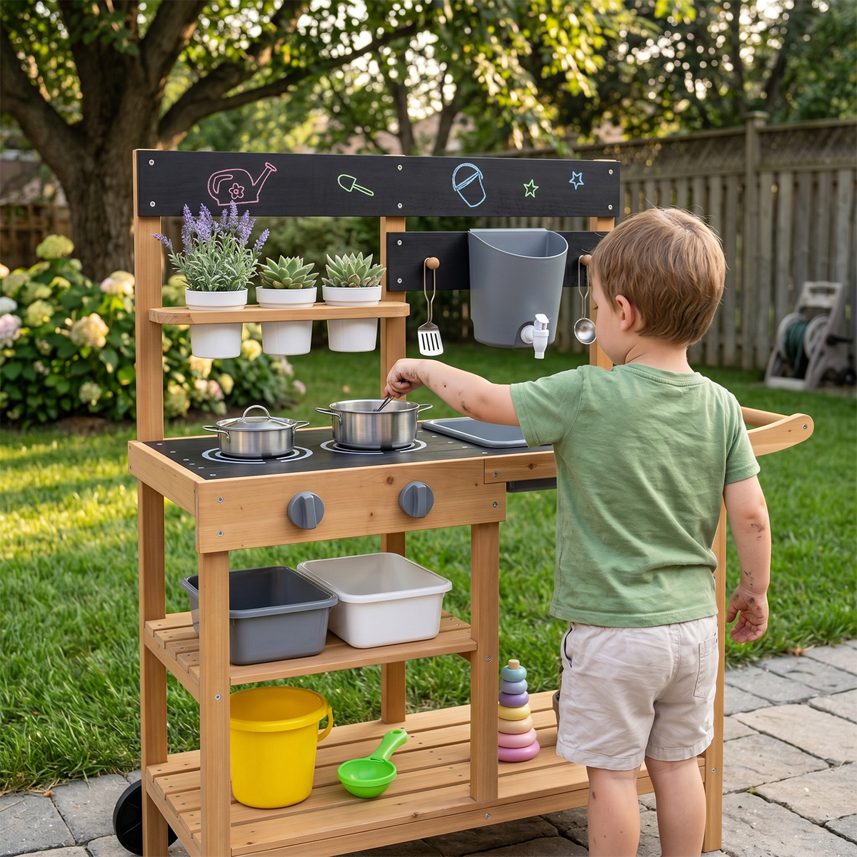Educational Outdoor Cook Station with Blackboard & Planting Pots