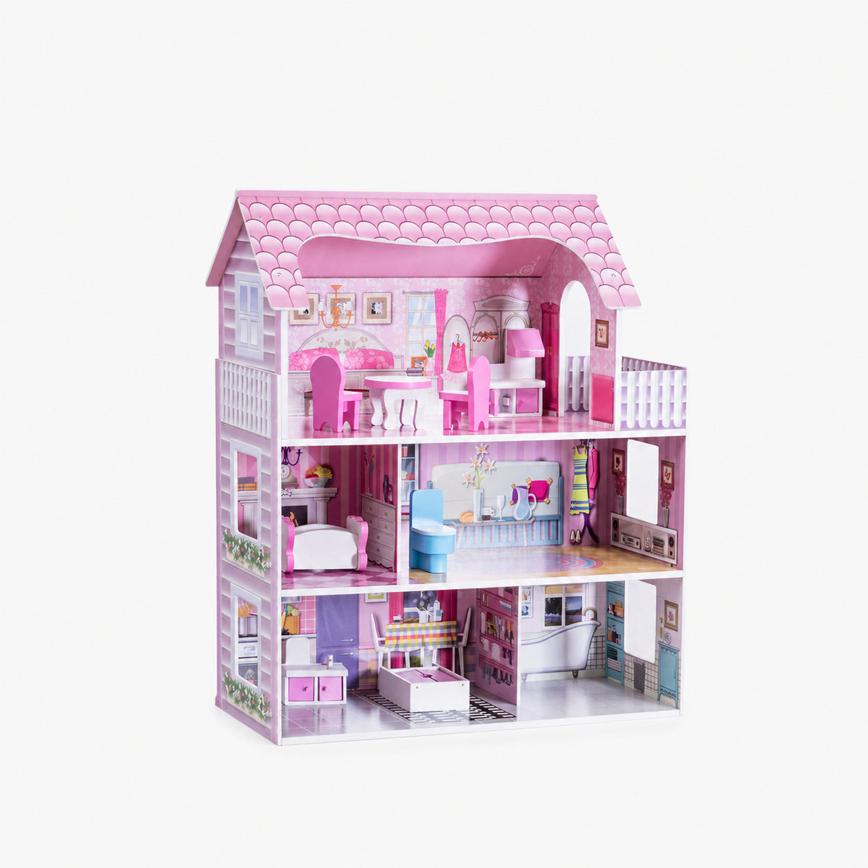 Pink Wooden Dollhouse with Furniture Set