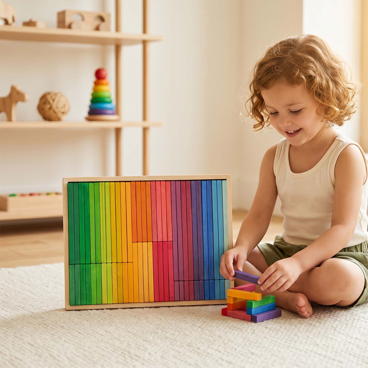 64 Pcs Wooden Rainbow Building Slats Set