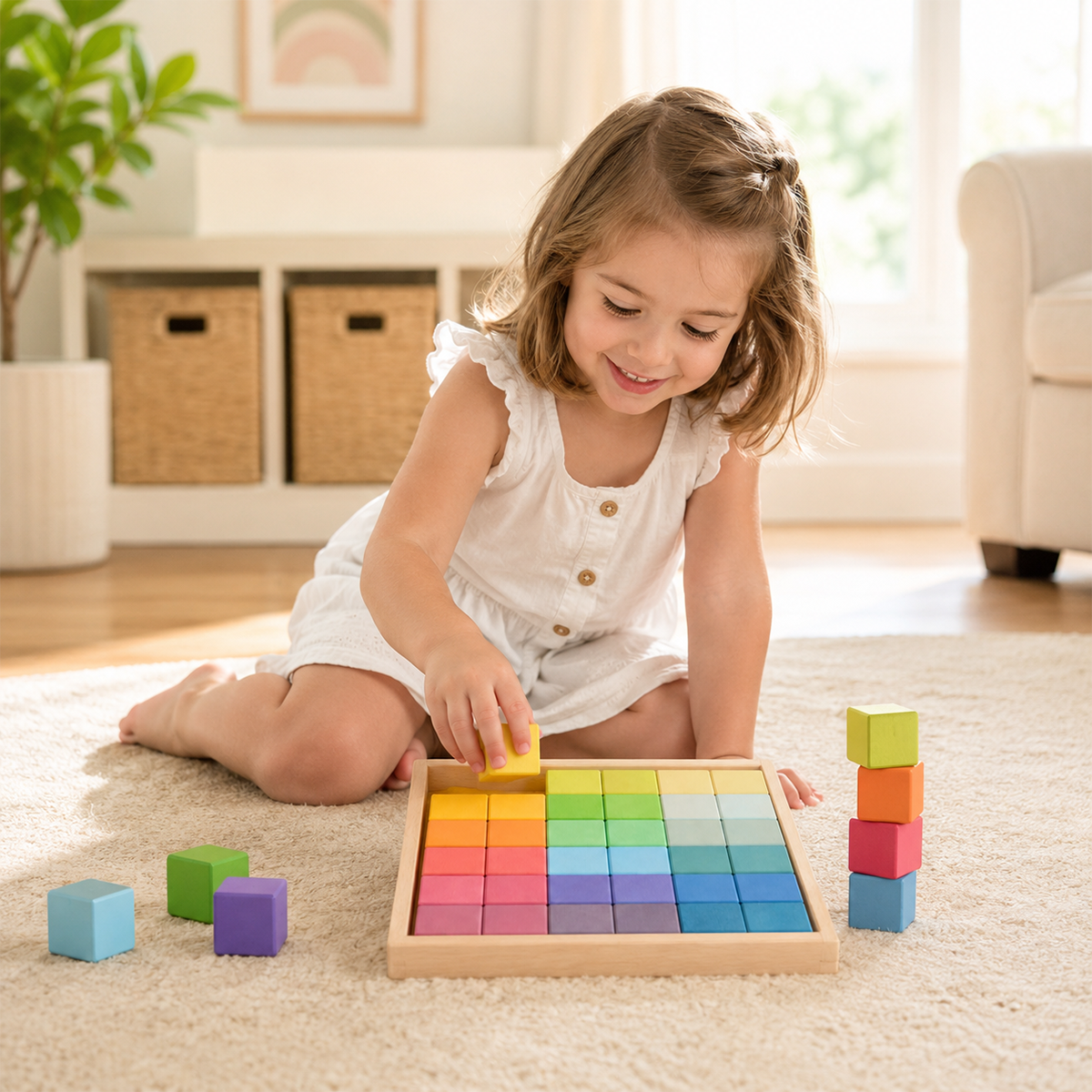 Wooden Mosaic Cubes Set – Montessori Waldorf Rainbow Pastel Building Blocks with Storage Tray