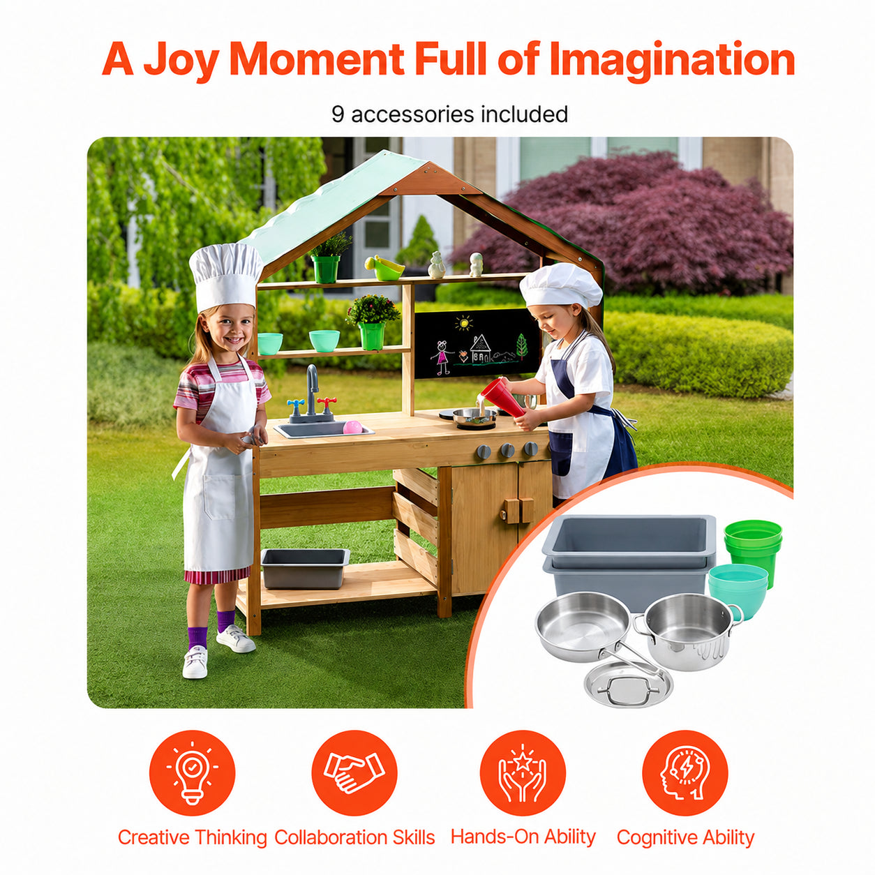 Wooden Outdoor Mud Kitchen with Sunshade Canopy, Dual Sinks & Chalkboard