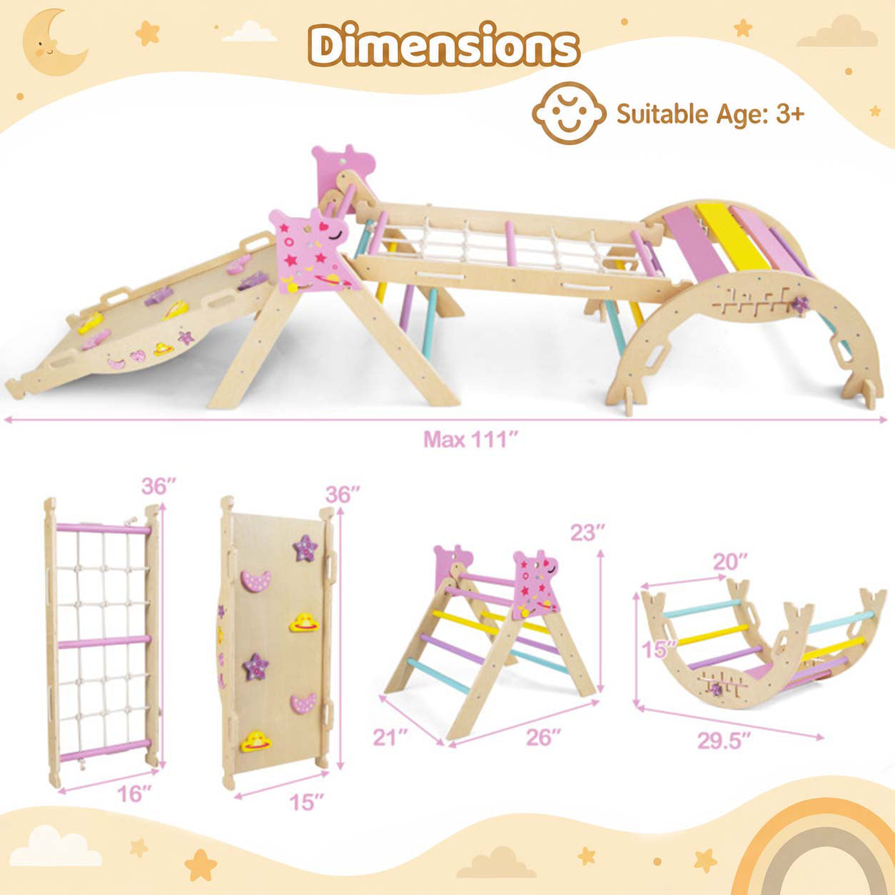 Unicorn Theme Foldable Wooden Climbing Set