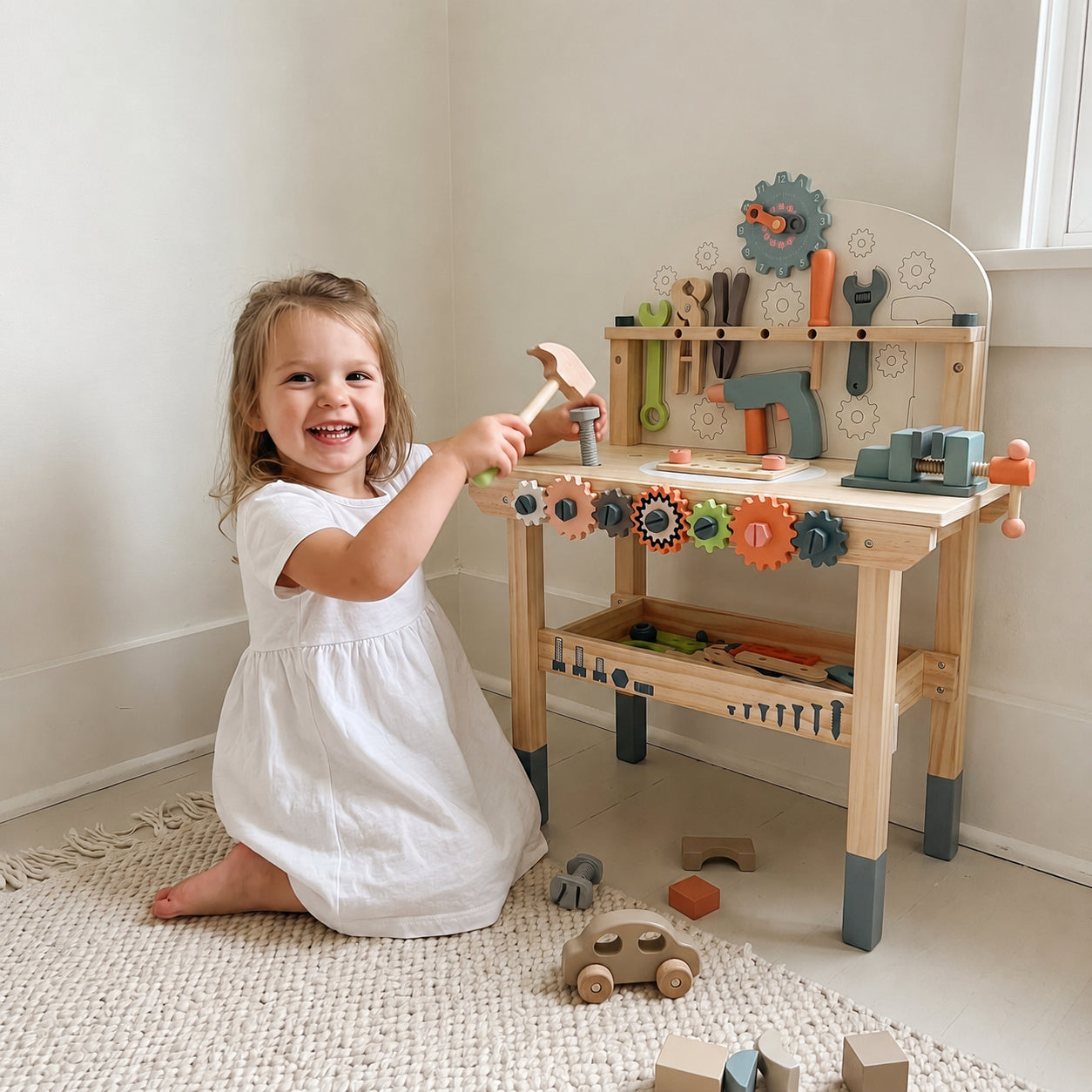 Wooden Pretend Play Tool Bench for Toddlers