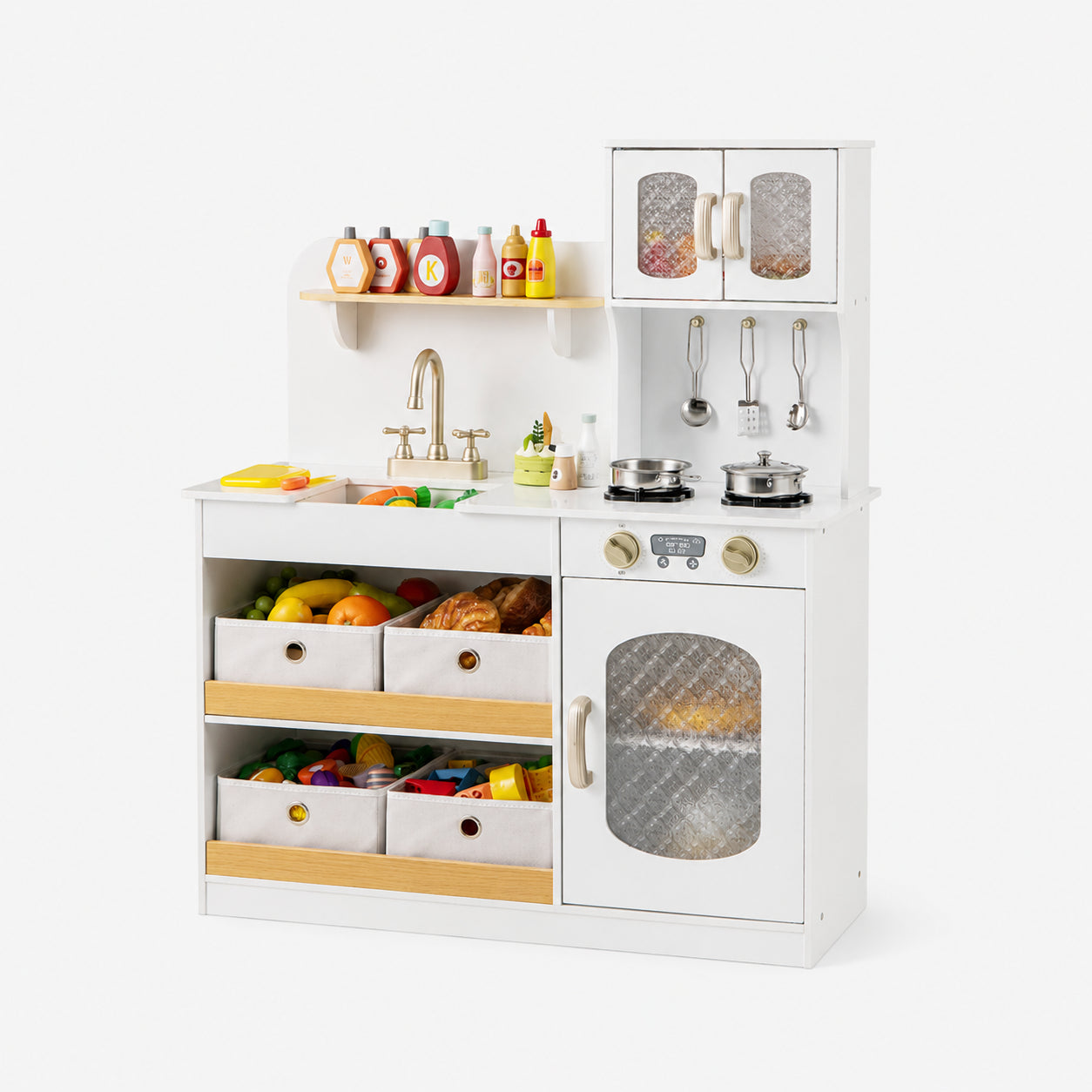 Kids Kitchen Playset with Wooden Pretend Cuttable Play Food