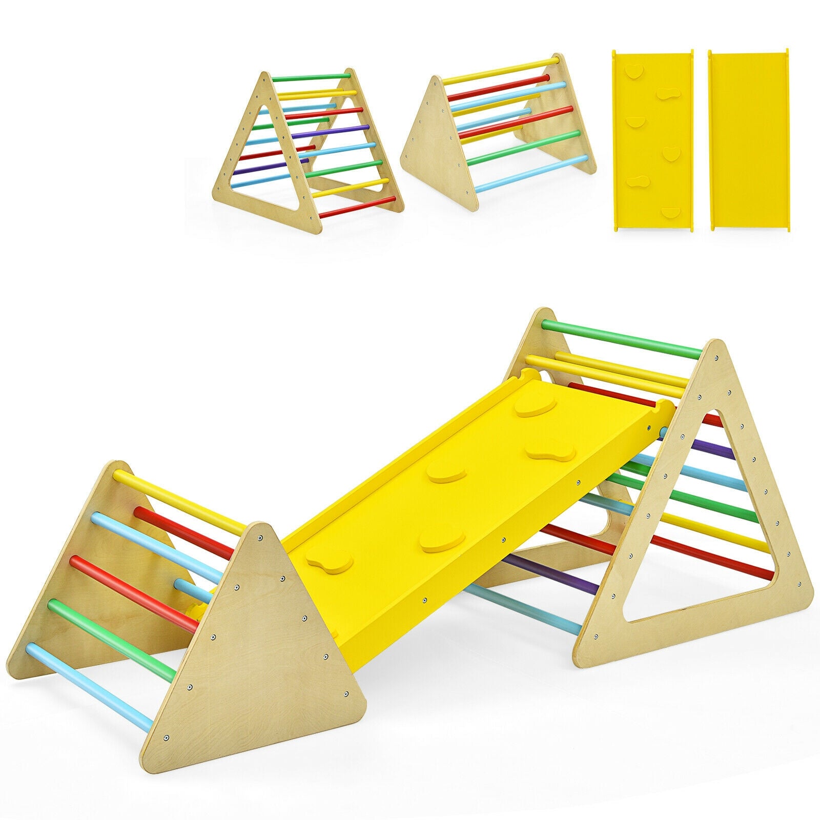 3-Piece Montessori Wooden Climbing Triangle Set with Reversible Ramp