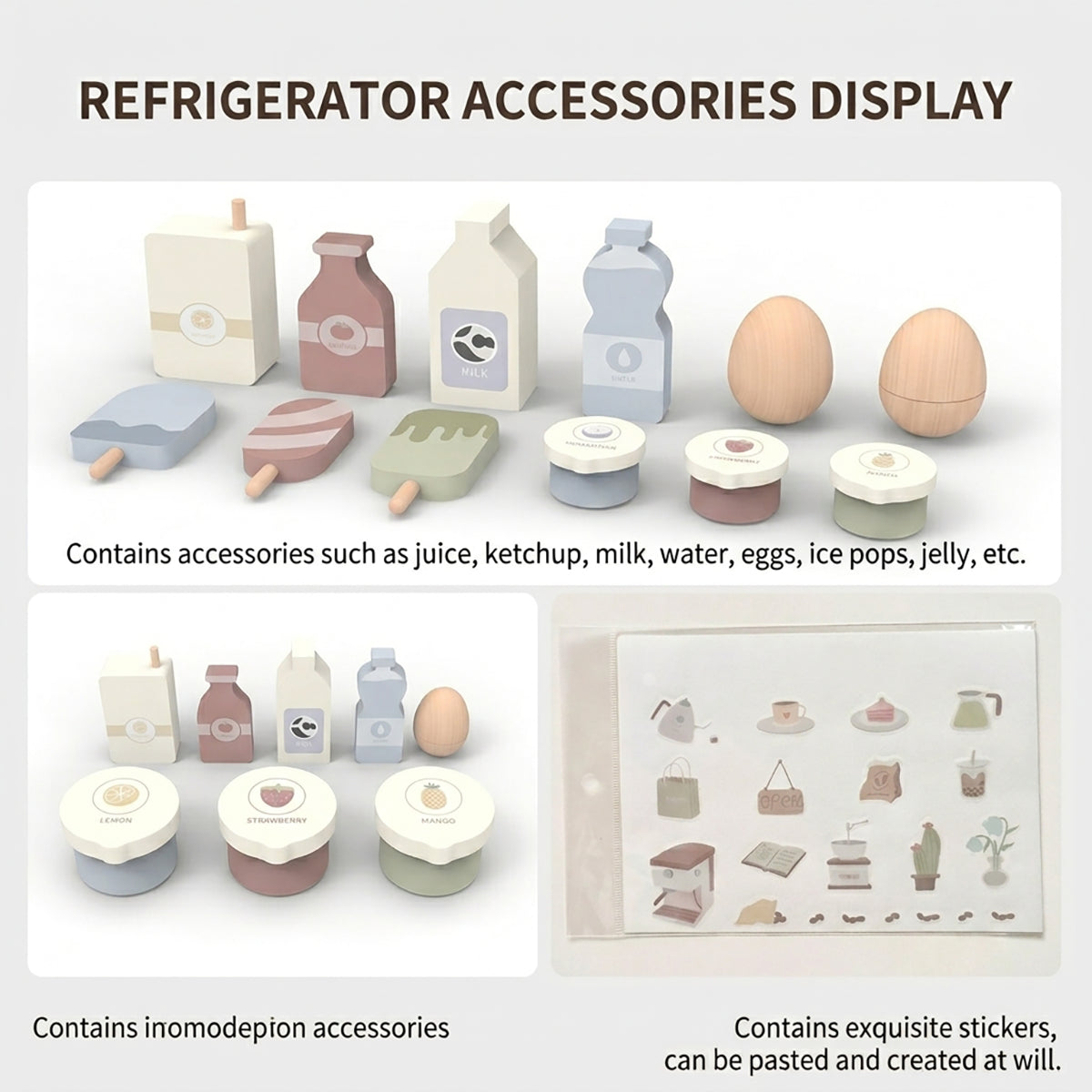 Wooden Mini Fridge Pretend Play Set with 12 Accessories