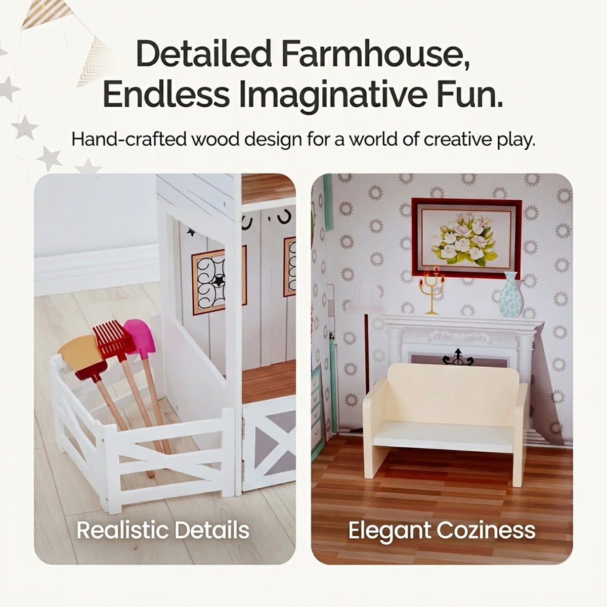 Open Layout Wooden Farmhouse Dollhouse For Pretend Play