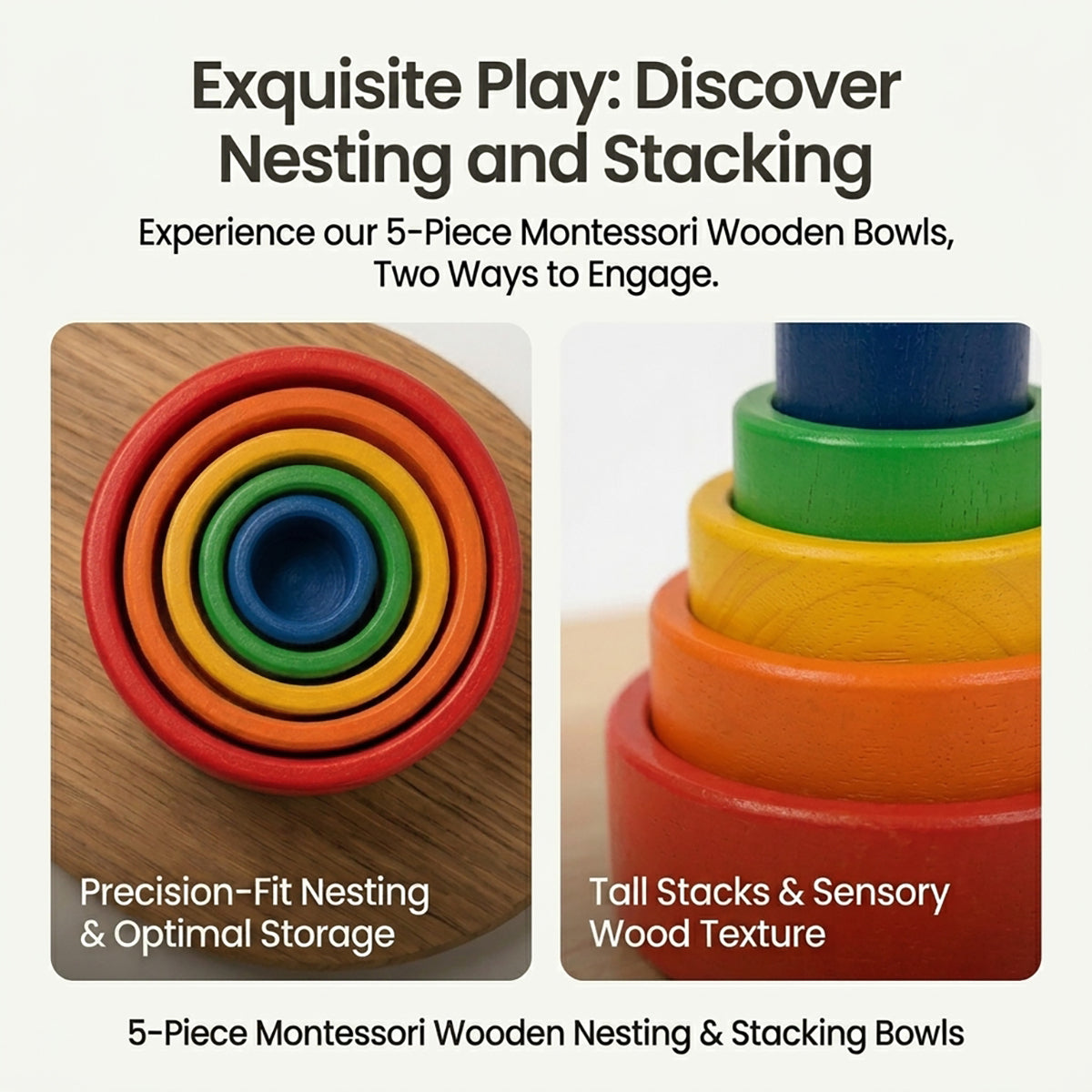 5-Piece Montessori Wooden Nesting & Stacking Bowls