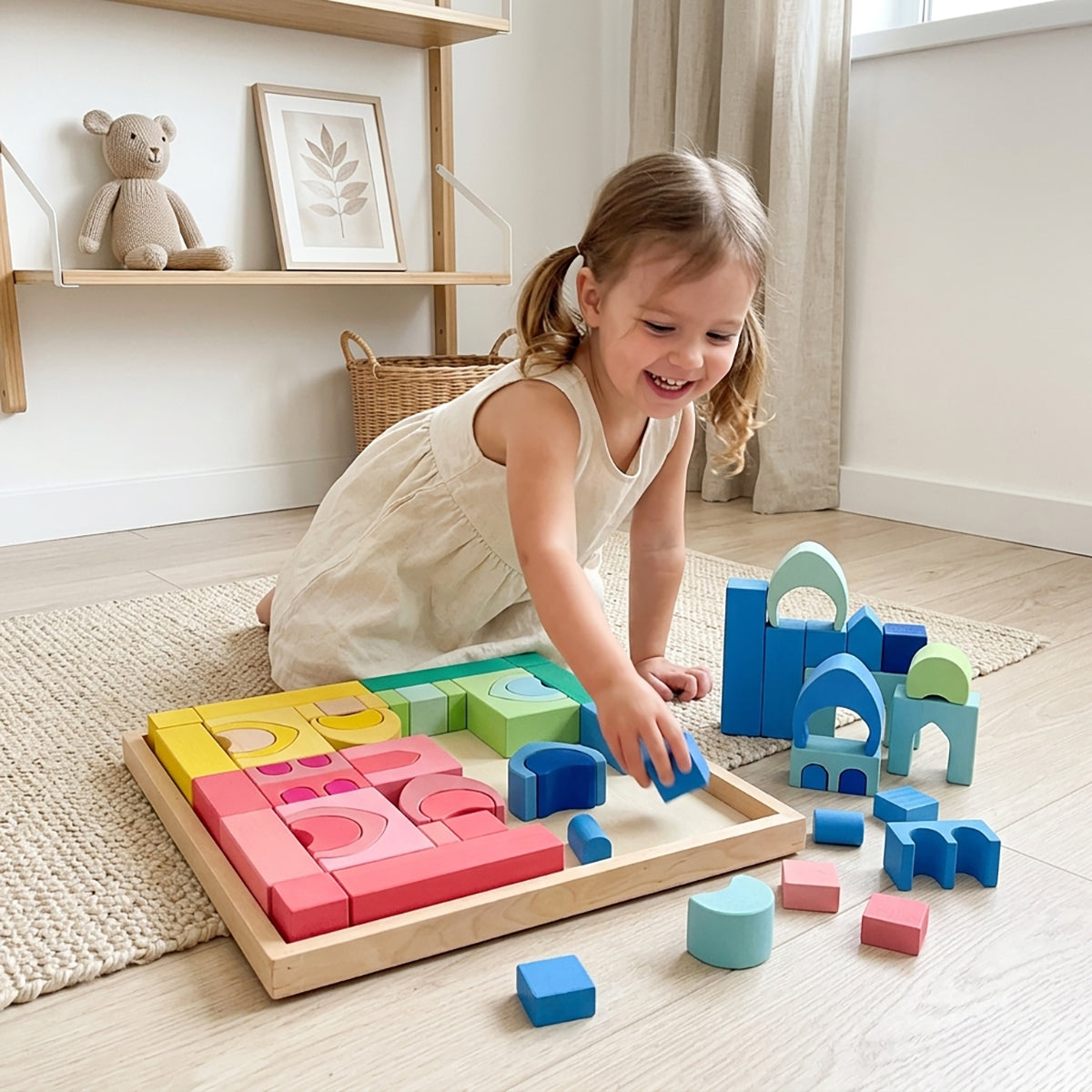 64-Piece Rainbow Wooden Castle Building Blocks Set