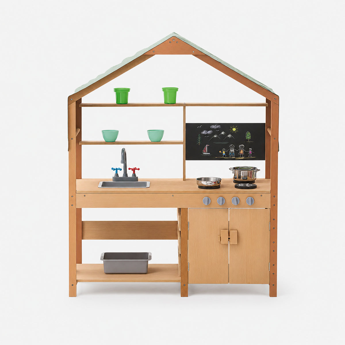 Wooden Outdoor Mud Kitchen with Sunshade Canopy, Dual Sinks & Chalkboard