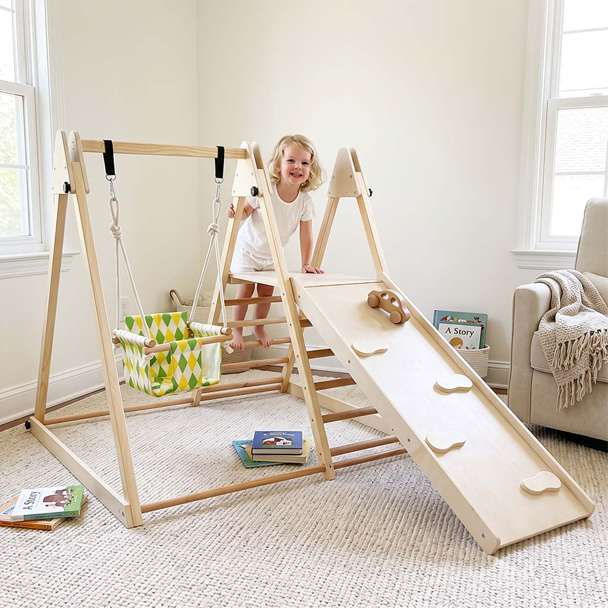 Indoor Jungle Gym Climbing Triangle Swing and Extended Slide