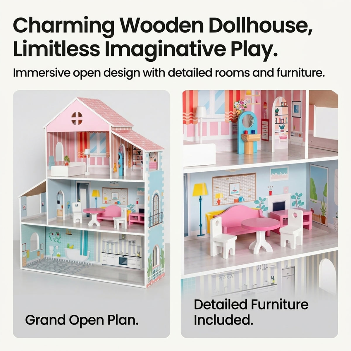 Multi-Tier Wooden Dollhouse with Furniture