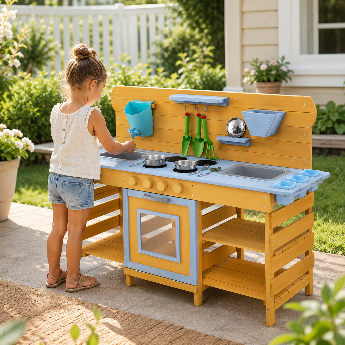 Large Wooden Mud Kitchen with 2 Sinks & 4 Stoves