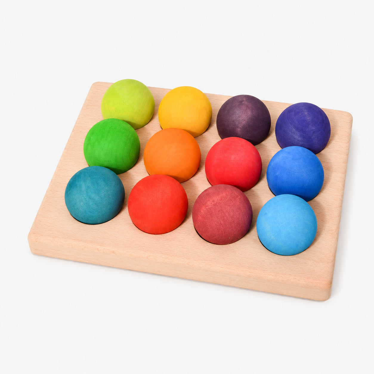 12-Piece Wooden Rainbow Balls in a Tray for Open-Ended Play