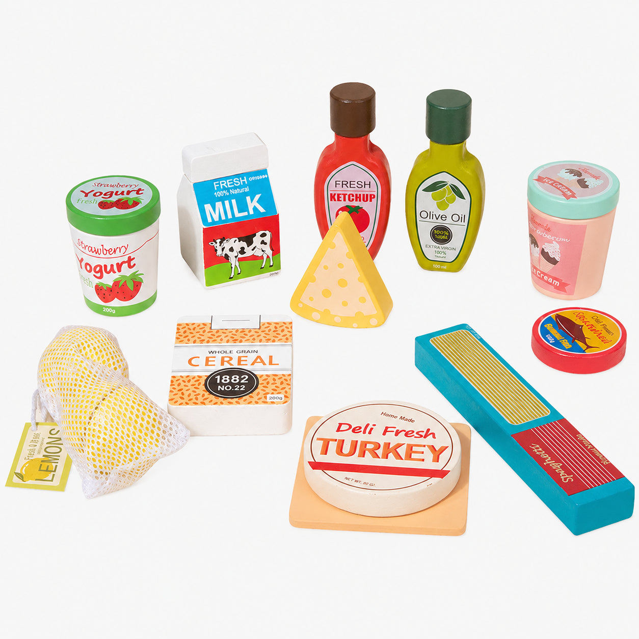 7-Piece Toddler Wooden Grocery Set with Milk & Cheese