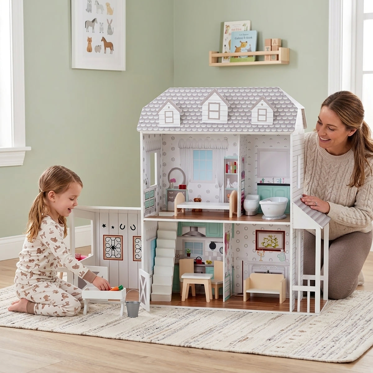 Open Layout Wooden Farmhouse Dollhouse For Pretend Play