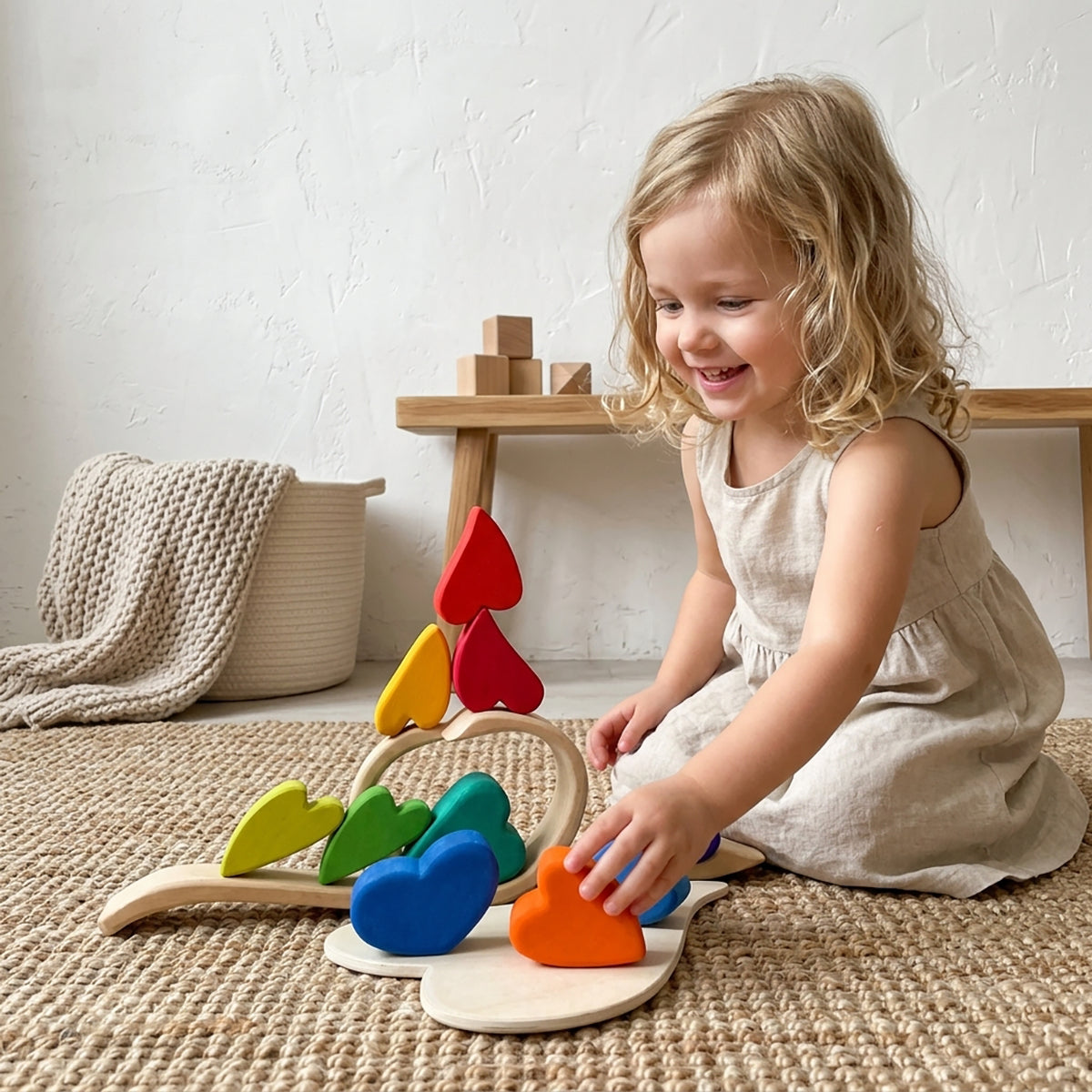 10-Piece Wooden Rainbow Heart Stacking Puzzle & Balancing Blocks