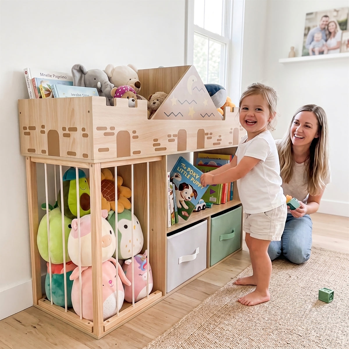 Natural Wood Toy Storage Organizer with Open Shelves