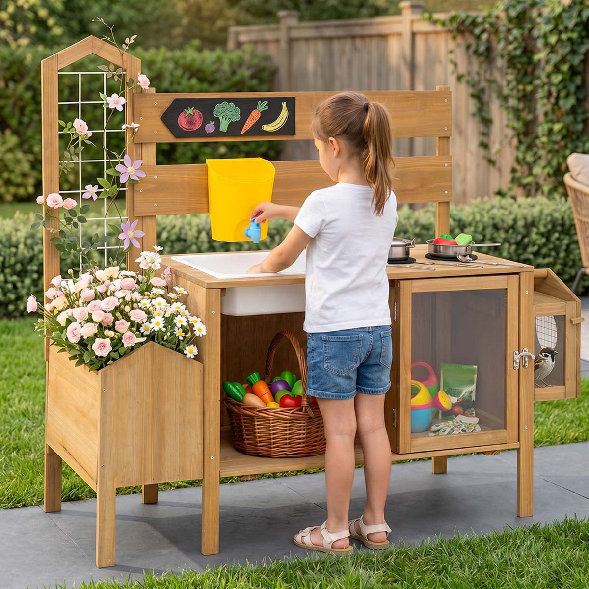 Wooden Mud Kitchen with Birdhouse & Dual Stoves