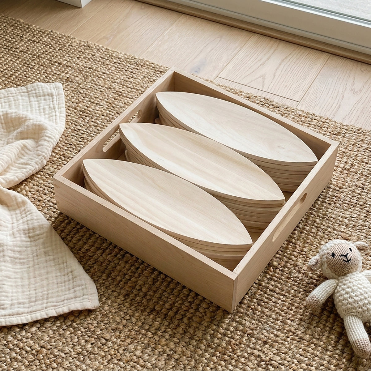 24-Piece Natural Wooden Petal Building Blocks with Tray