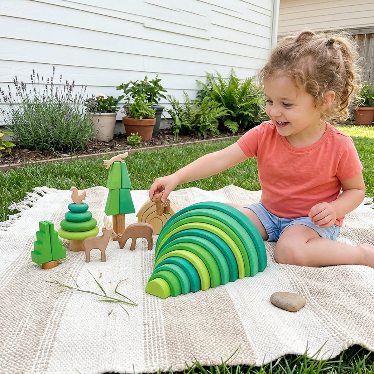 12-Piece Large Meadow Green Wooden Rainbow Nesting Arches