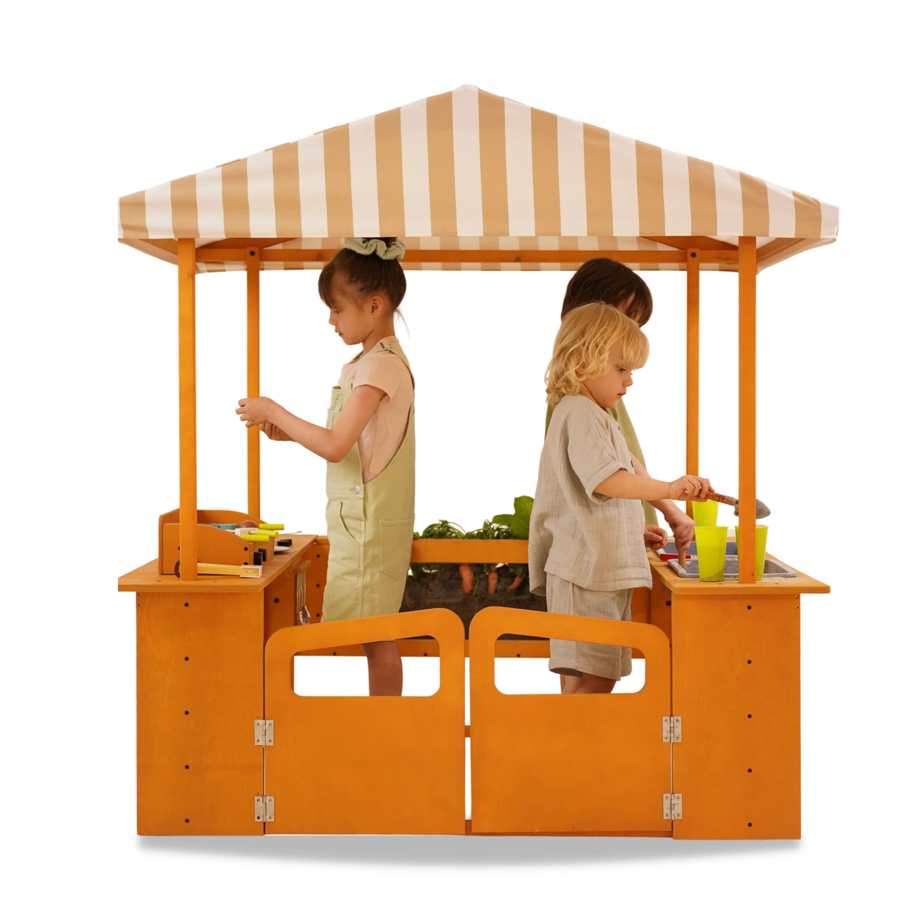 Wooden Outdoor Play Market with Canopy, Mud Kitchen, Grill & Root Viewer
