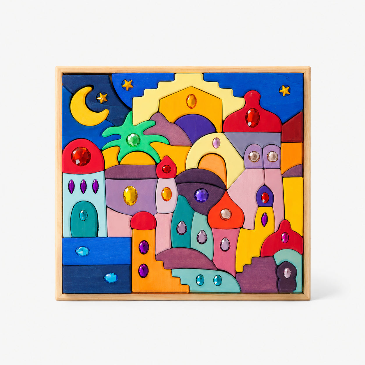 52-Piece Sparkling Gemstone Wooden Mandala Puzzle & Building Set