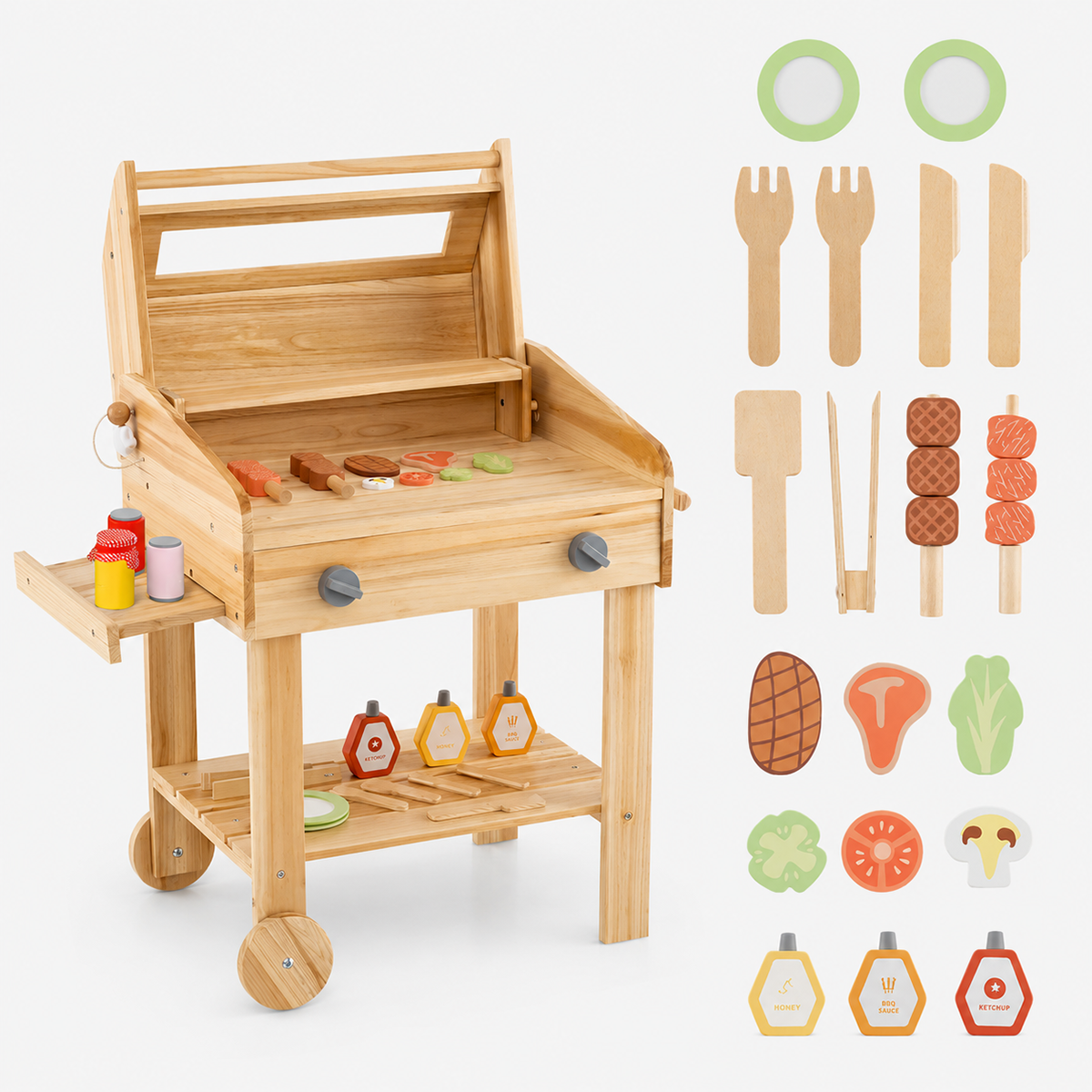 Kids Wooden BBQ Grill Playset with Wheels, Chalkboard & 25-Piece Accessory Set