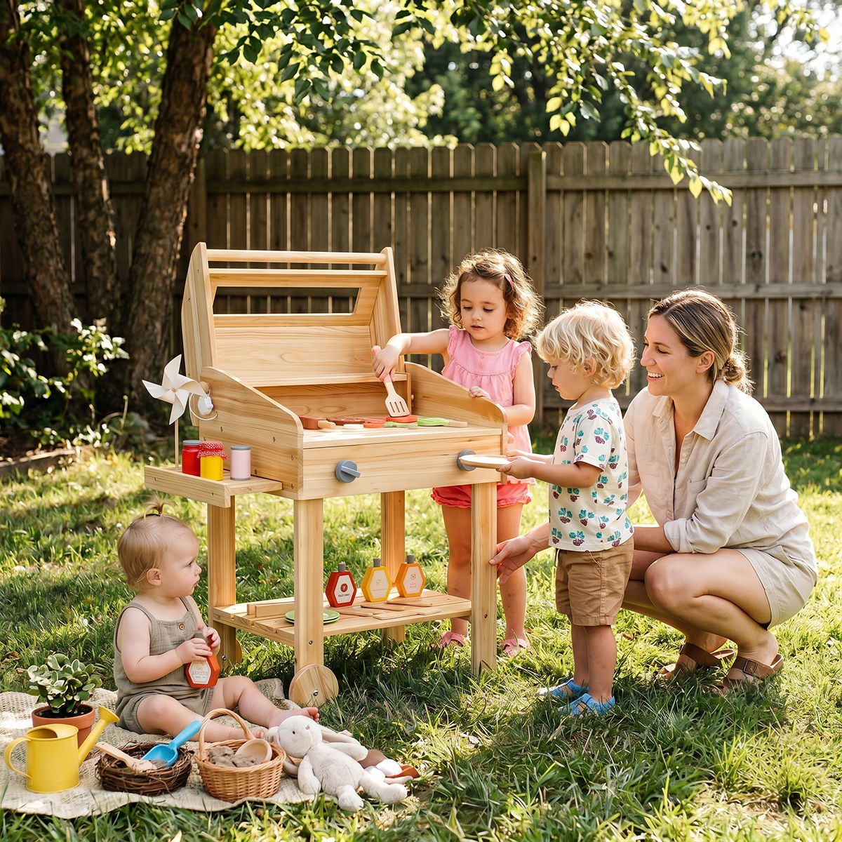 Kids Wooden BBQ Grill Playset with Wheels, Chalkboard & 25-Piece Accessory Set