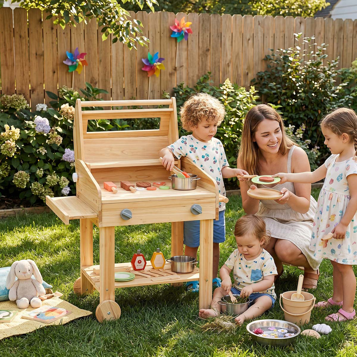 Kids Wooden BBQ Grill Playset with Wheels