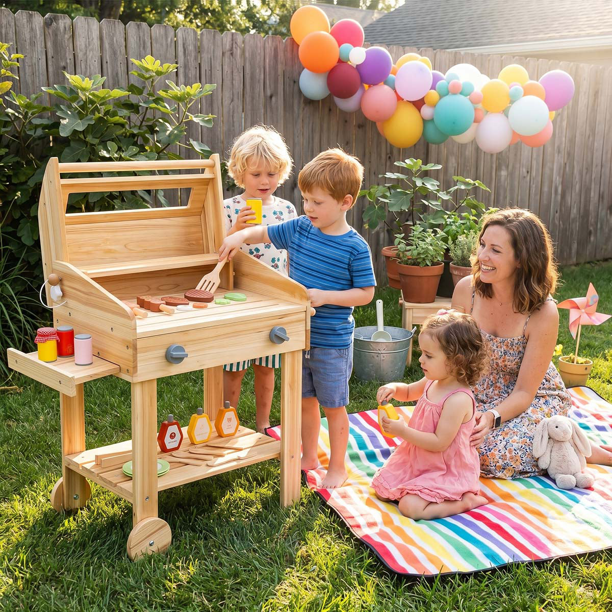 Kids Wooden BBQ Grill Playset with Wheels