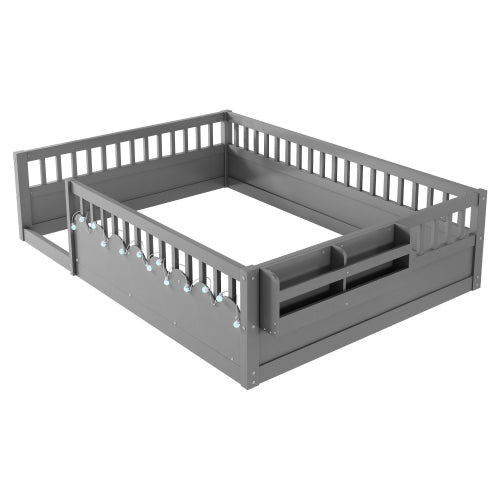 Montessori Floor Bed with Rails, LED Light & Storage Shelf