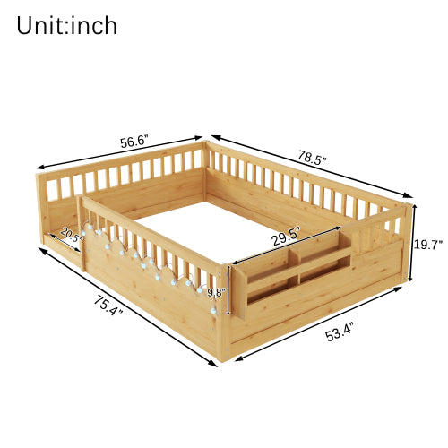 Montessori Floor Bed with Rails, LED Light & Storage Shelf