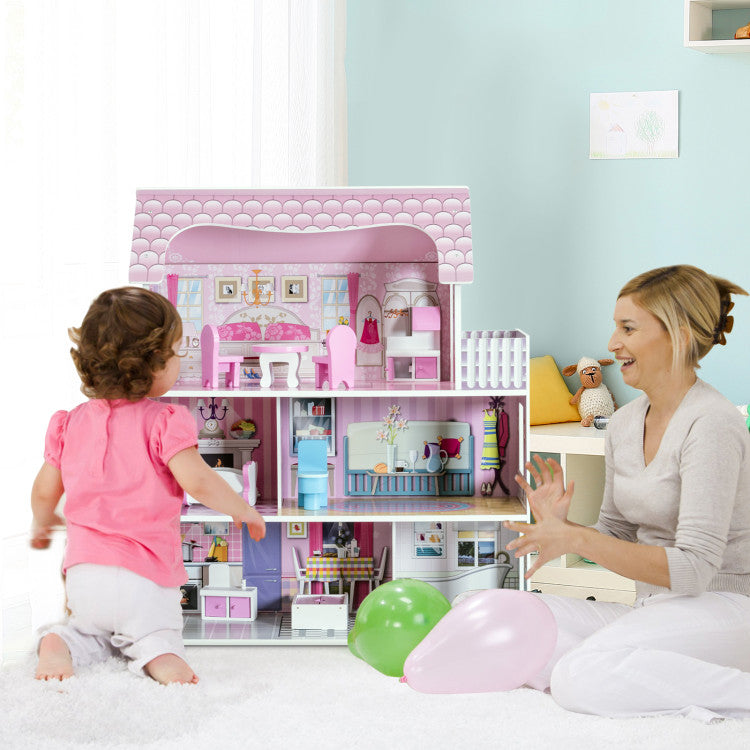 Pink Wooden Dollhouse with Furniture Set